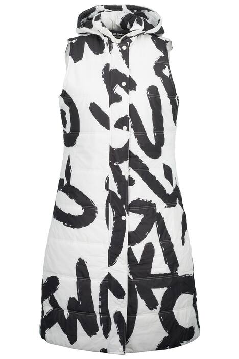 Dlouhá prošívaná vesta, nápis, kapuce, bez rukávů