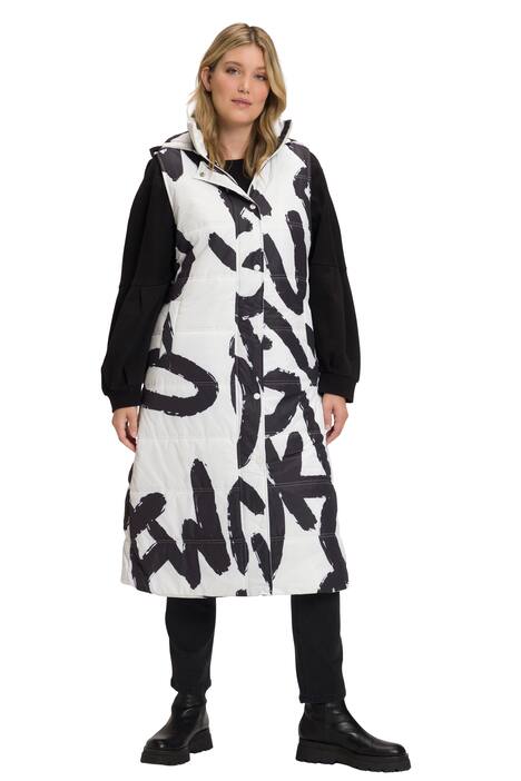 Dlouhá prošívaná vesta, nápis, kapuce, bez rukávů