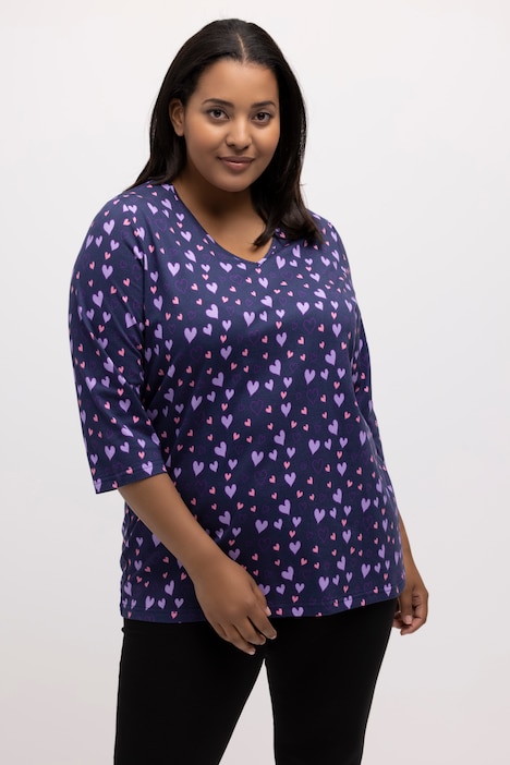 V-Neck Navy Heart Print Cotton Tee