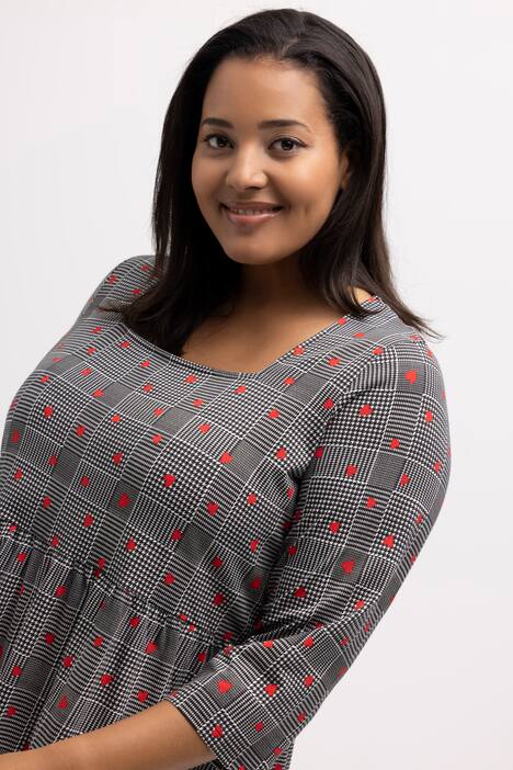 Sukienka midi, wzór, dekolt karo, rękaw 3/4