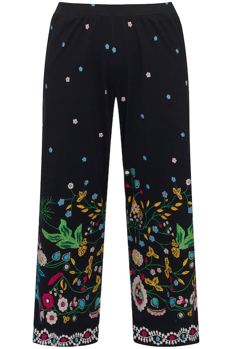 7/8 žerzejové kalhoty, rovné nohavice, květovaný lem, elastický pas