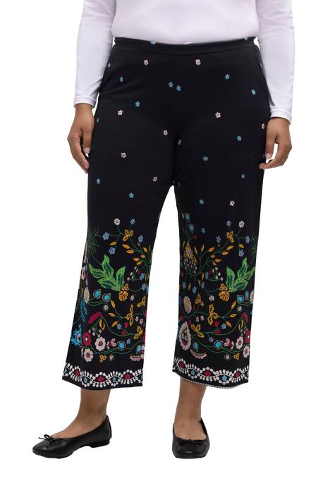 7/8 žerzejové kalhoty, rovné nohavice, květovaný lem, elastický pas