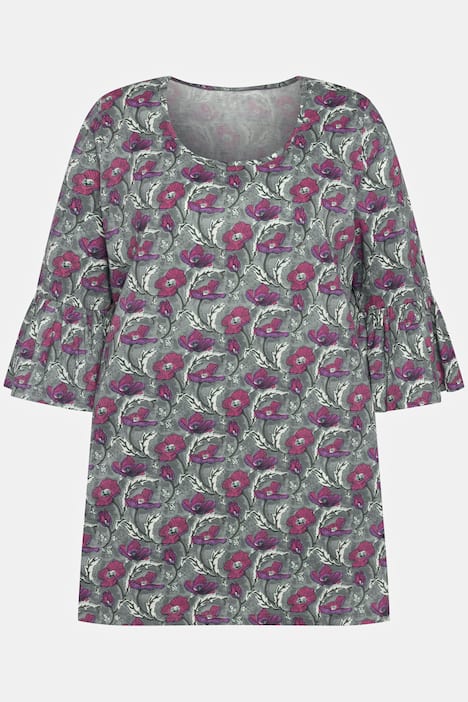 Grey Floral Tulip Sleeve Knit Cotton Tunic