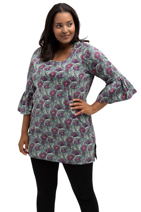 Dlouhé tričko, květovaný potisk, kulatý výstřih, 3/4 zvonové rukávy