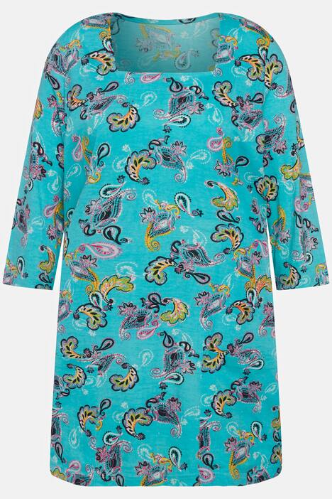 Lång topp, paisleymönster, fyrkantig halsringning, 3/4-ärm