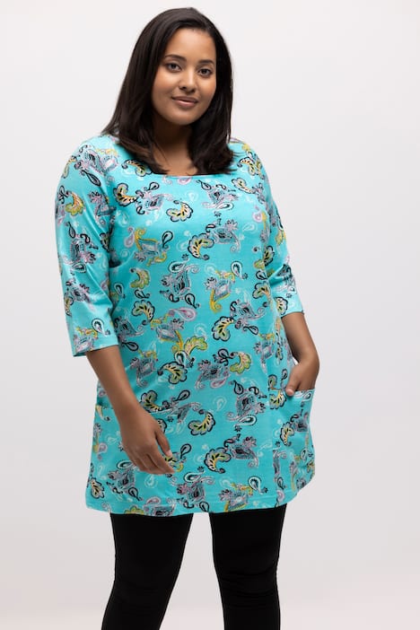 Lång topp, paisleymönster, fyrkantig halsringning, 3/4-ärm