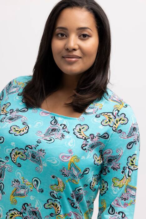 Lång topp, paisleymönster, fyrkantig halsringning, 3/4-ärm