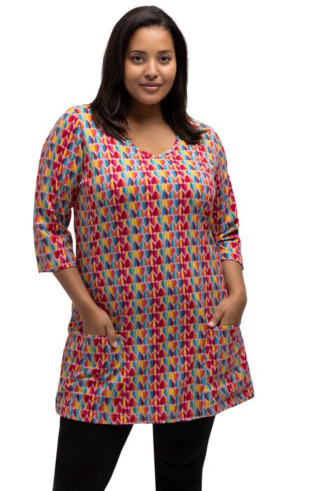 Dlouhé tričko, srdíčkový vzor, výstřih do V, 3/4 rukávy