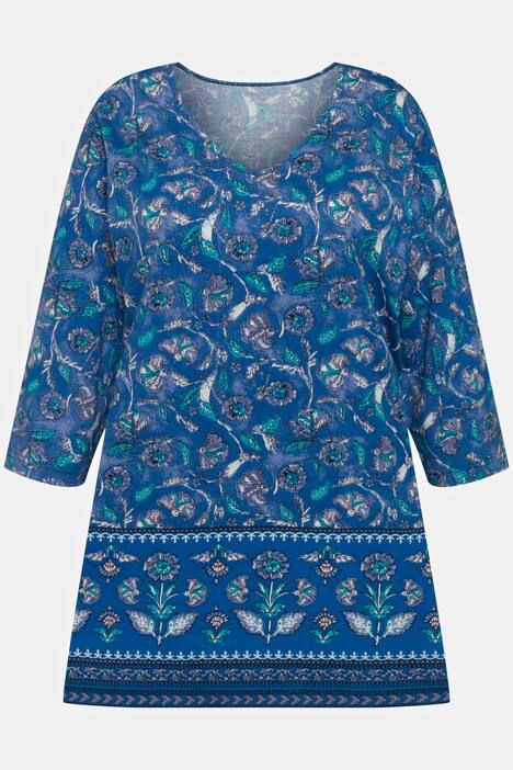 Longshirt, Bordüre am Saum, V-Ausschnitt, 3/4-Ärmel