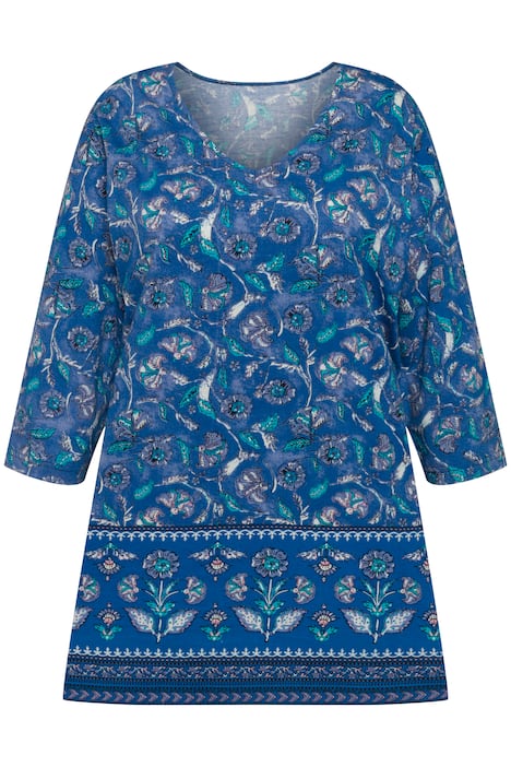 Dlouhé tričko, lemování, výstřih do V, 3/4 rukávy