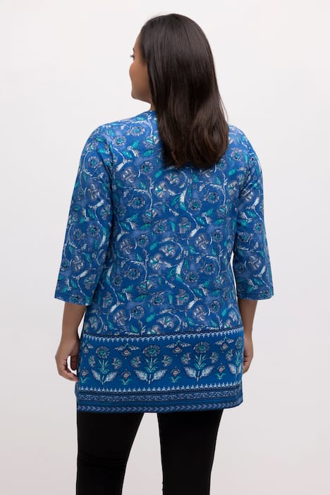 Longshirt, Bordüre am Saum, V-Ausschnitt, 3/4-Ärmel