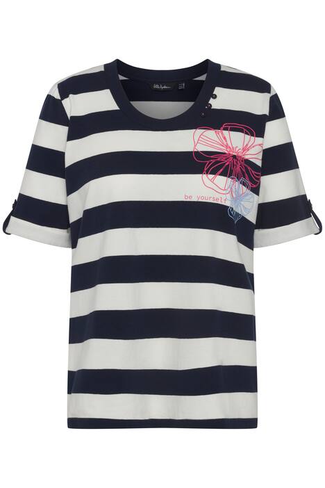 Tričko, pruhy, květy, Classic, kulatý výstřih, krátké rukávy