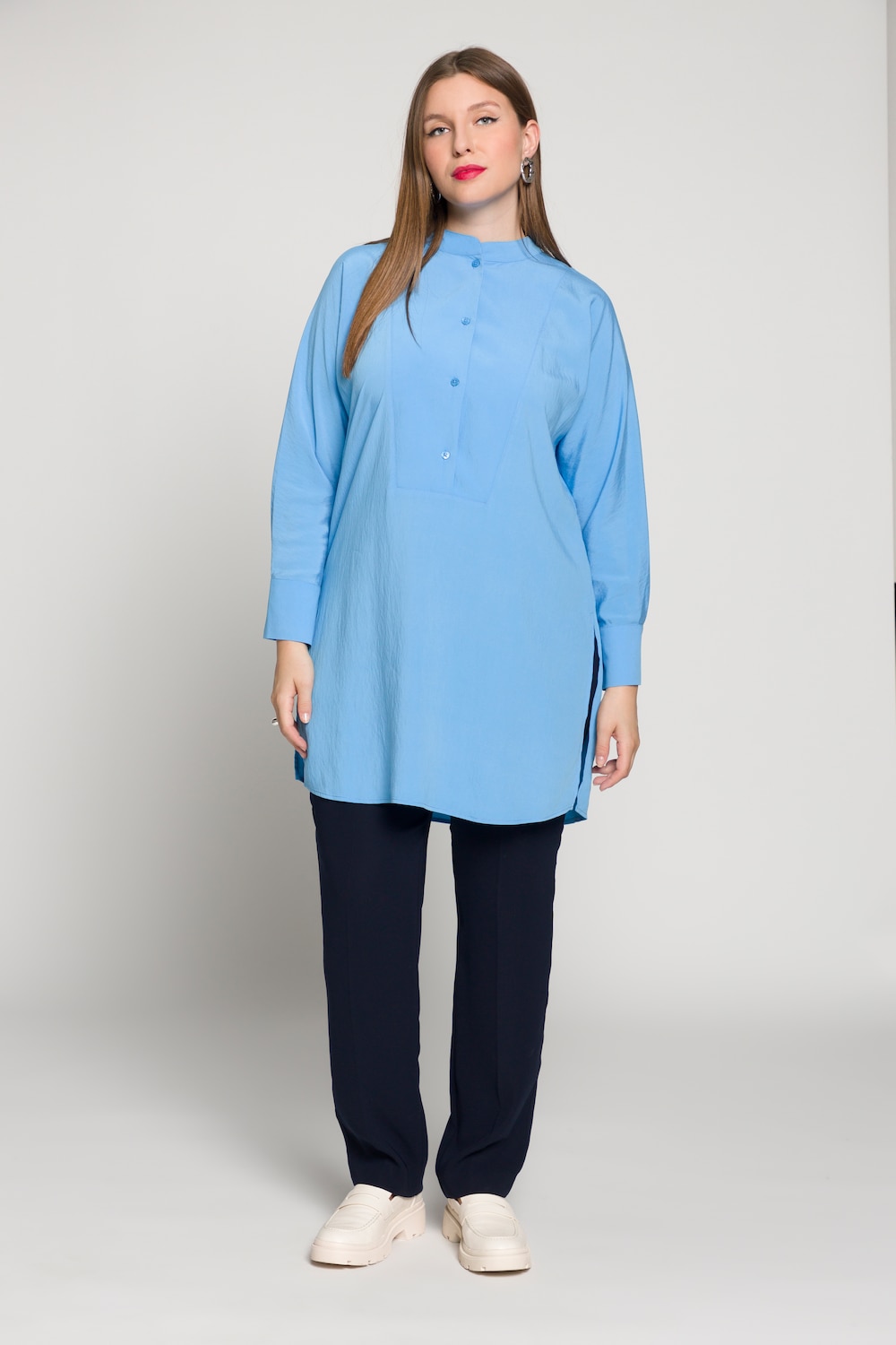 grandes tailles tunique longue et oversize à col montant et longues manches chauve-souris, femmes, bleu, taille: 60/62, viscose/polyester, ulla popken