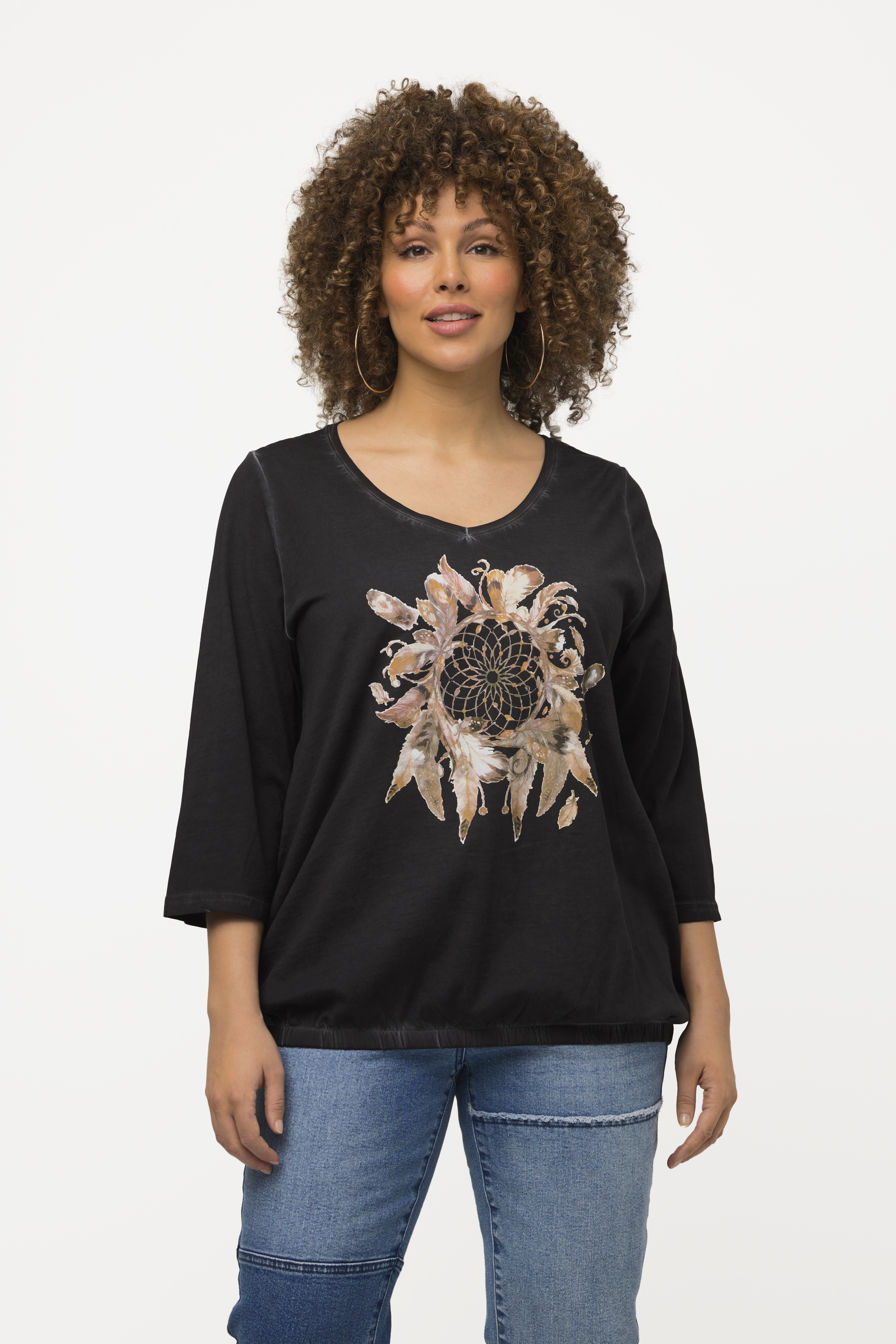 T-shirt, łapacz snów, ozdobne kamienie, dekolt w szpic, rękaw 3/4