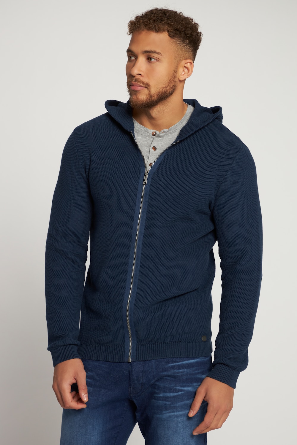 grandes tailles cardigan à capuche avec motif tricotés et zip, hommes, bleu, taille: xxl, coton, jp1880