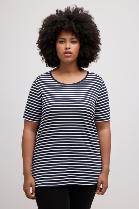 Chemise De Nuit Femme Ulla Popken - Col Rond, Manches Mi-longues, Poche Brodée - Jersey Rayé En Coton Confortable