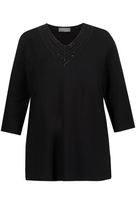 Tričko, síťovaná vsadka, flitry, výstřih do V, 3/4 rukávy