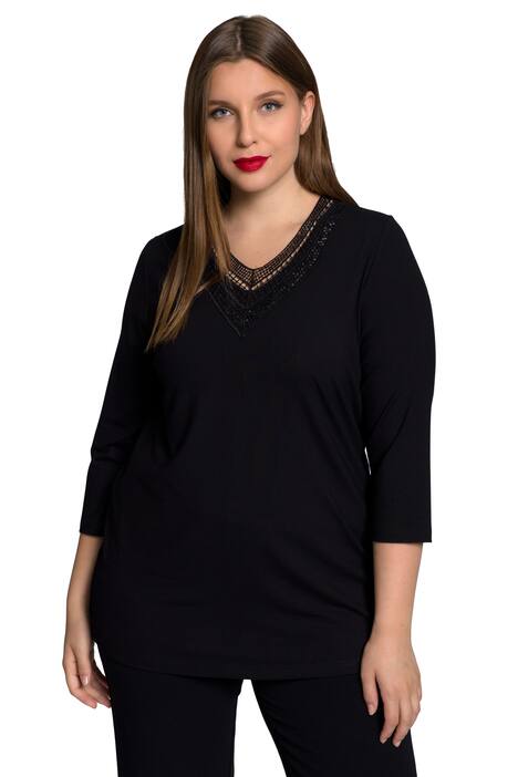 Tričko, síťovaná vsadka, flitry, výstřih do V, 3/4 rukávy