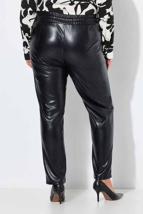 Pantaloni 7/8, aspect de piele, cusături decorative, talie elastică
