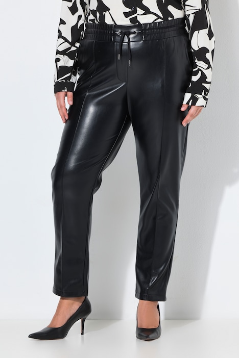 Pantaloni 7/8, aspect de piele, cusături decorative, talie elastică
