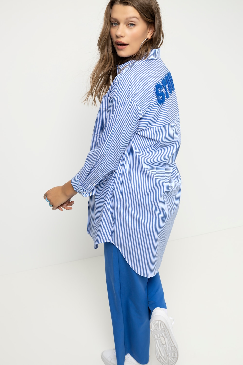 Grote Maten oversized overhemdblouse, Dames, blauw, Maat: 46/48, Katoen, Studio Untold