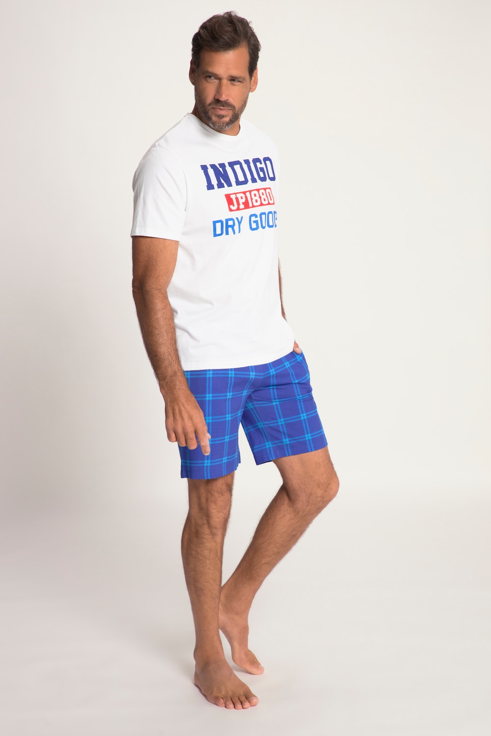 grandes tailles pyjama court avec t-shirt à imprimé et short à carreaux, hommes, blanc, taille: 3xl, coton, jp1880