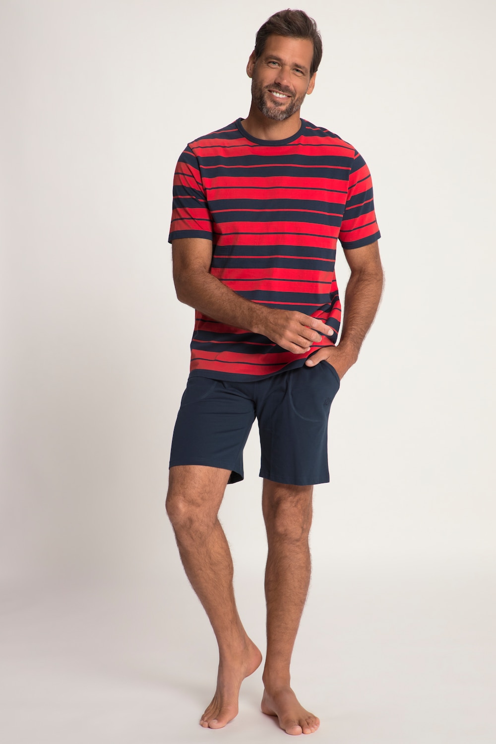 grandes tailles pyjama court avec t-shirt à rayures et short, hommes, rouge, taille: 7xl, coton, jp1880