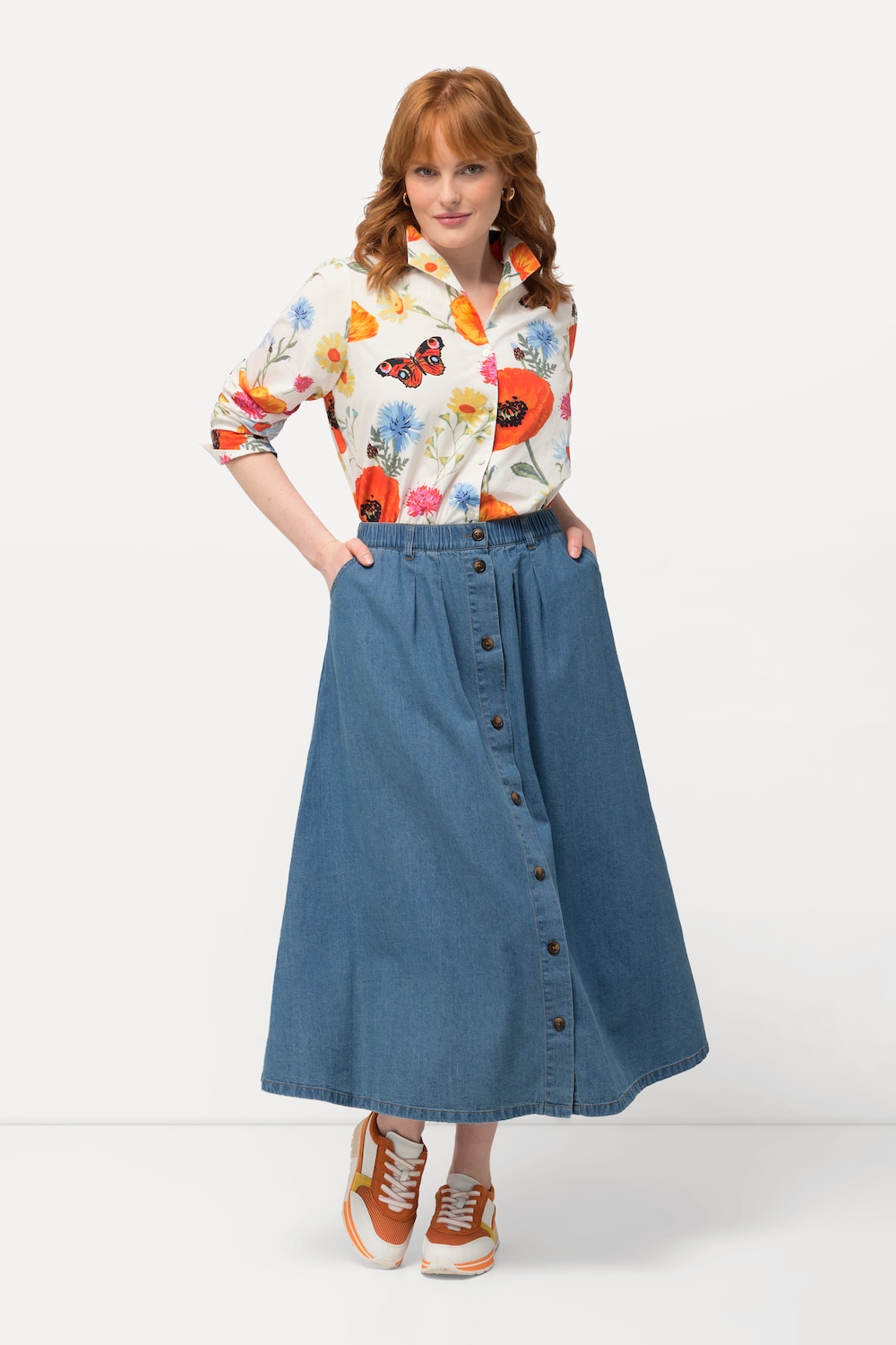 grandes tailles jupe en jean avec boutons fantaisie et taille élastique, femmes, bleu, taille: 48/50, coton, ulla popken