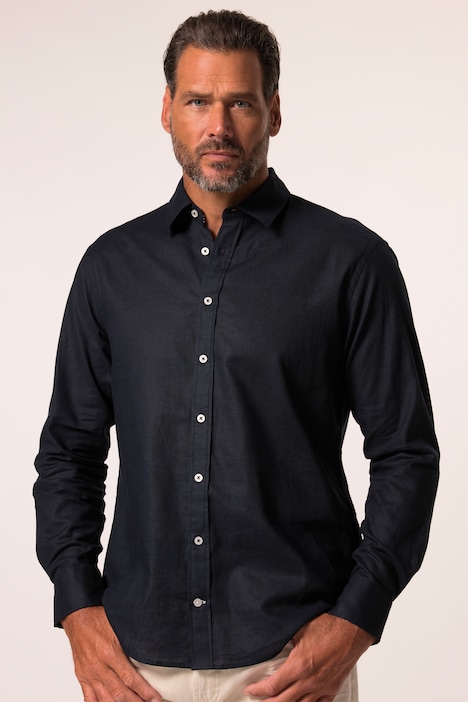 Chemise en lin mélangé, manches longues et col Kent, coupe Modern Fit