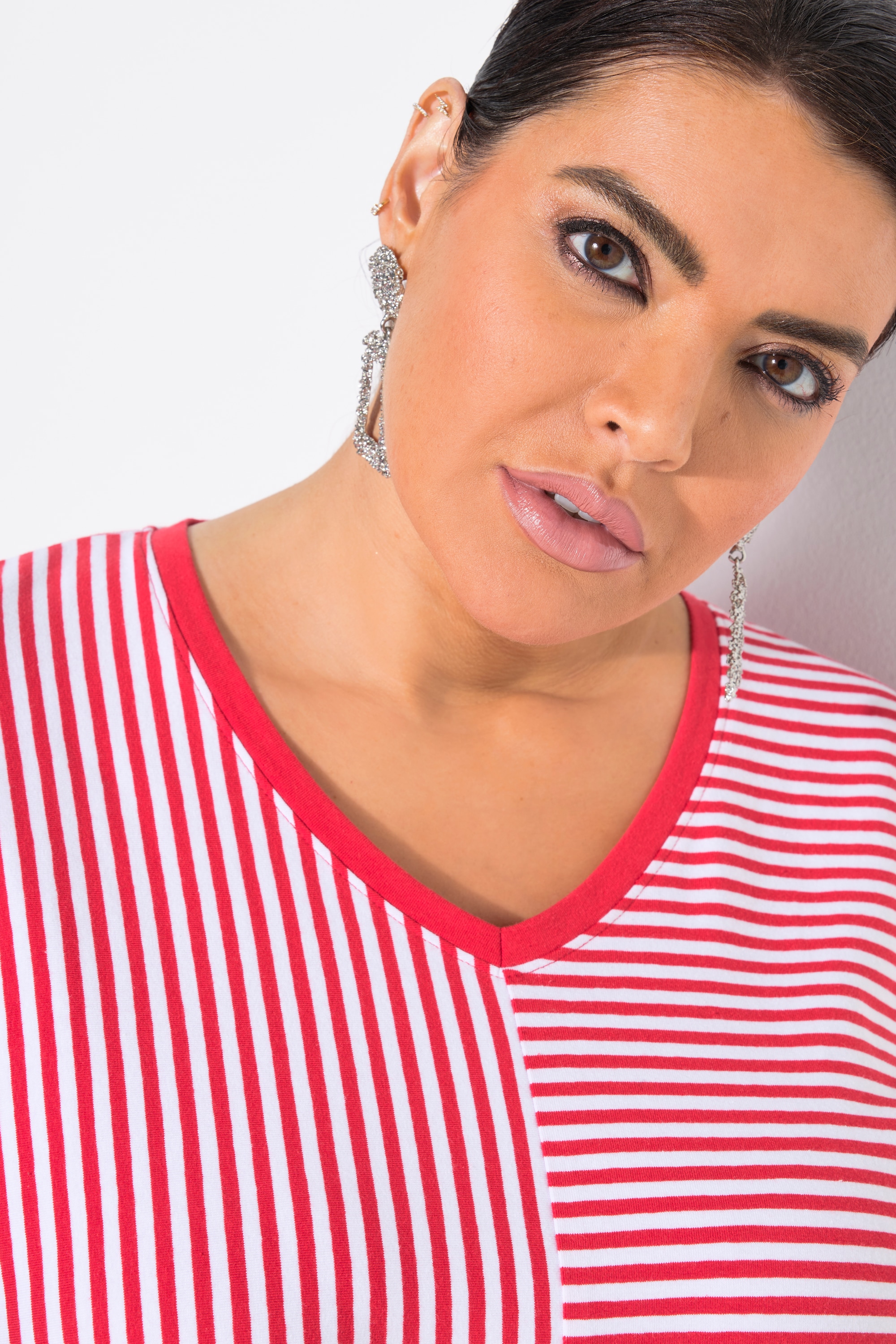 Ulla Popken Damen große Größen Shirt Ringelmix Oversized V Ausschnitt
