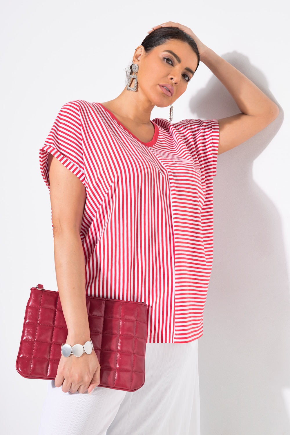Shirt, Ringelmix, Oversized, V-Ausschnitt, Halbarm