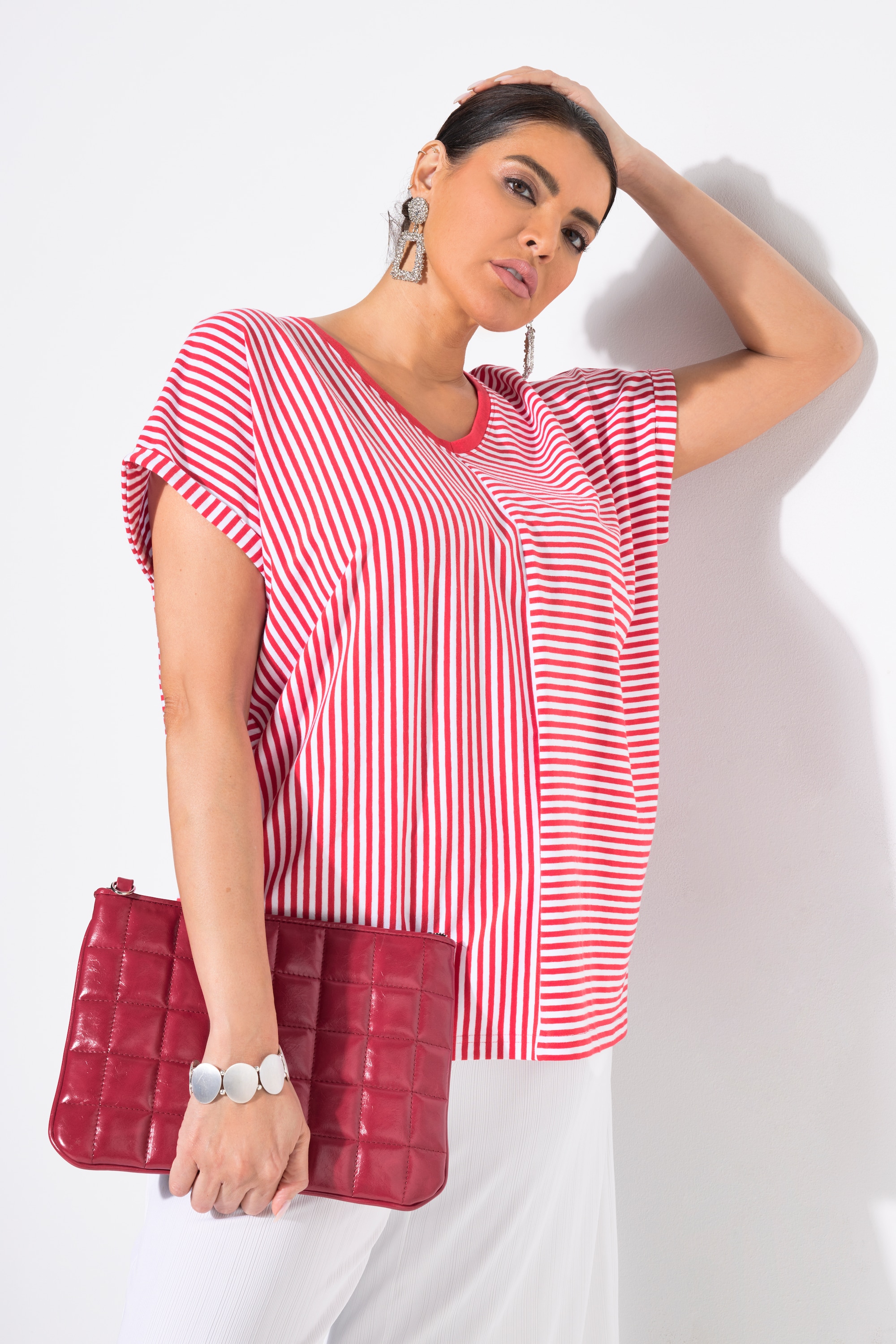 Ulla Popken Damen große Größen Shirt Ringelmix Oversized V Ausschnitt