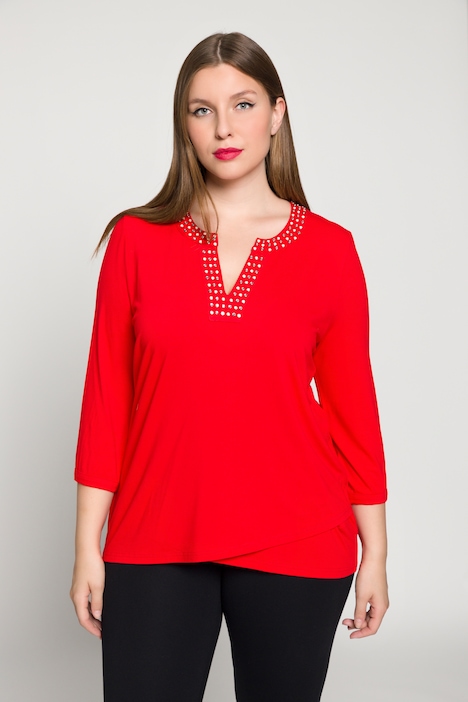 Metallic Stud Accent Crisscross Layer Hem Stretch Knit Top