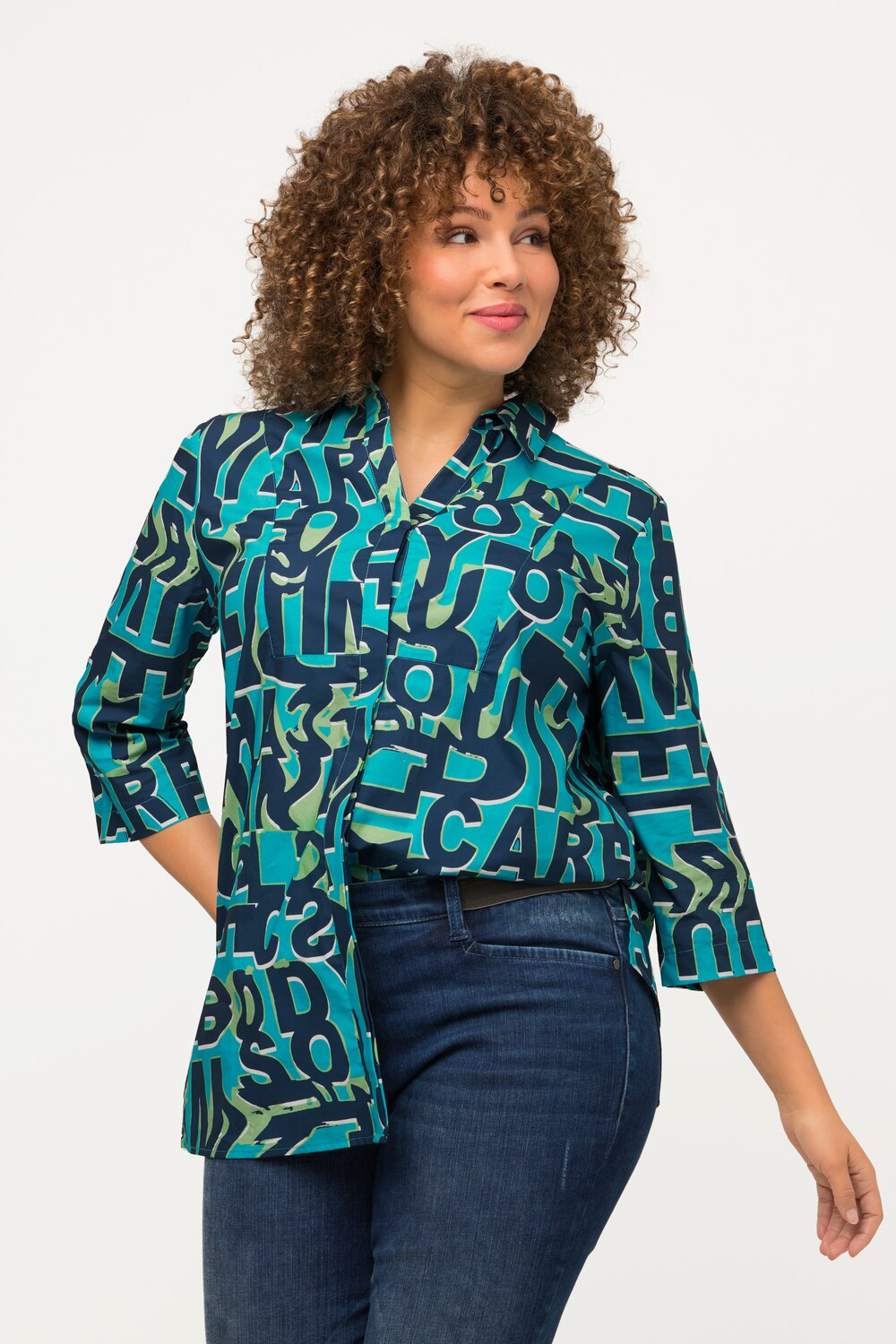 Grote Maten blouse, Dames, turquoise, Maat: 46/48, Katoen, Ulla Popken