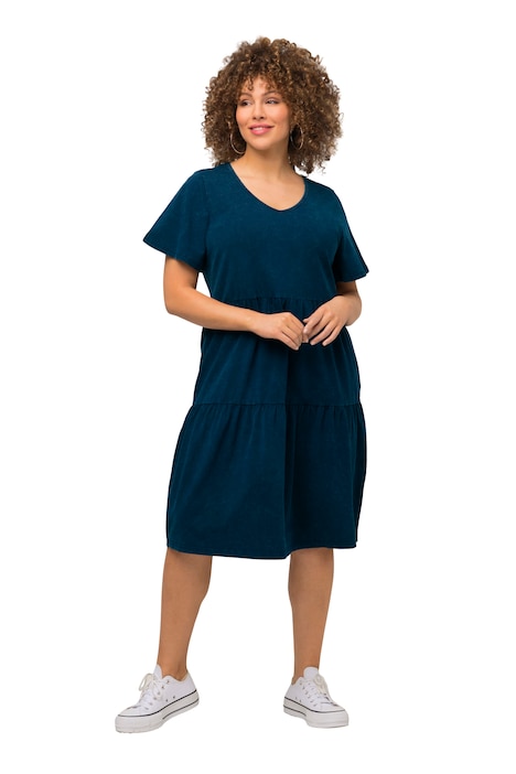 Žerzejové šaty, džínový vzhled, A střih, výstřih do V, krátké rukávy