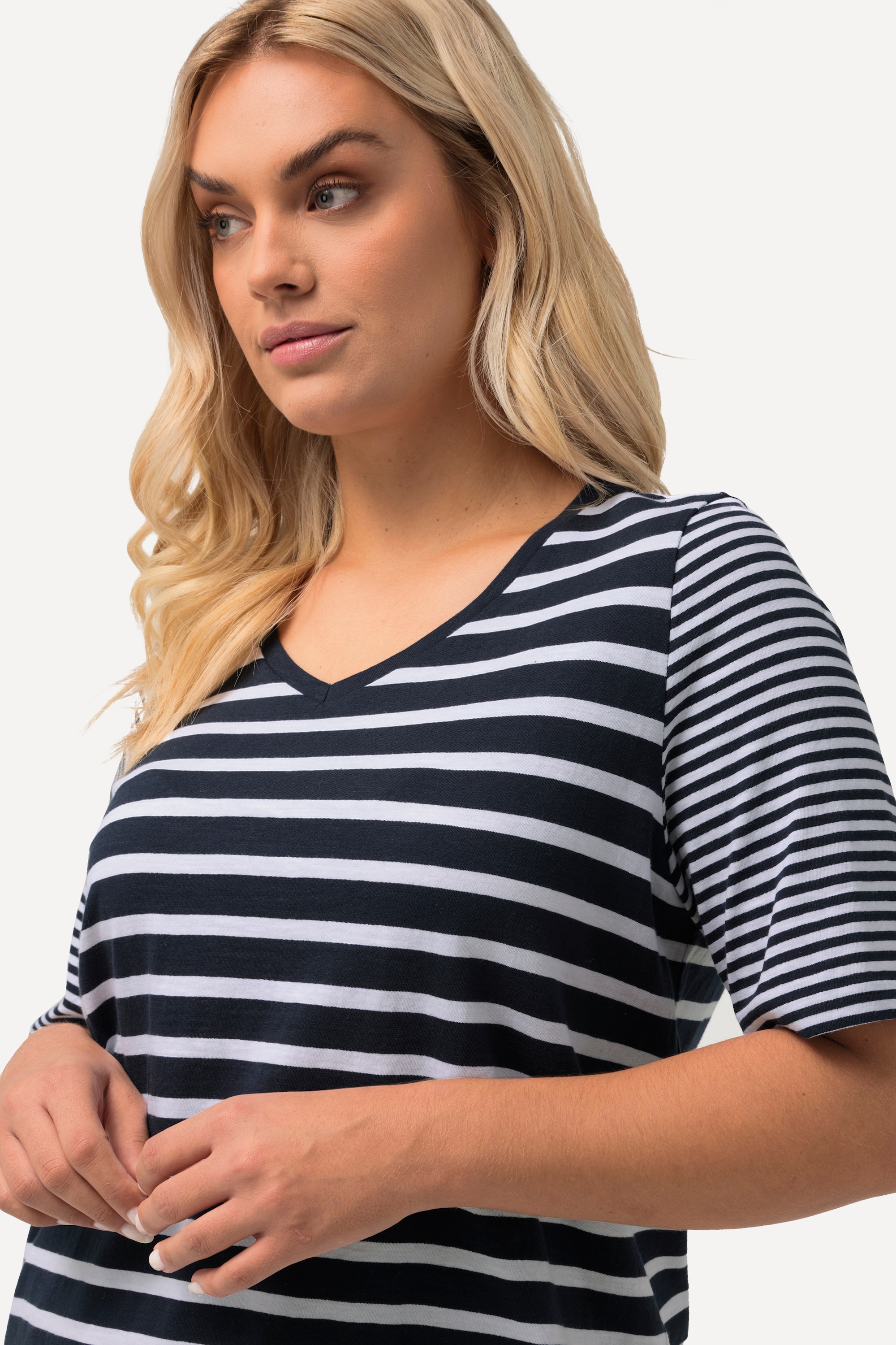 Ulla Popken Damen große Größen Shirt Ringelmix A Linie V Ausschnitt