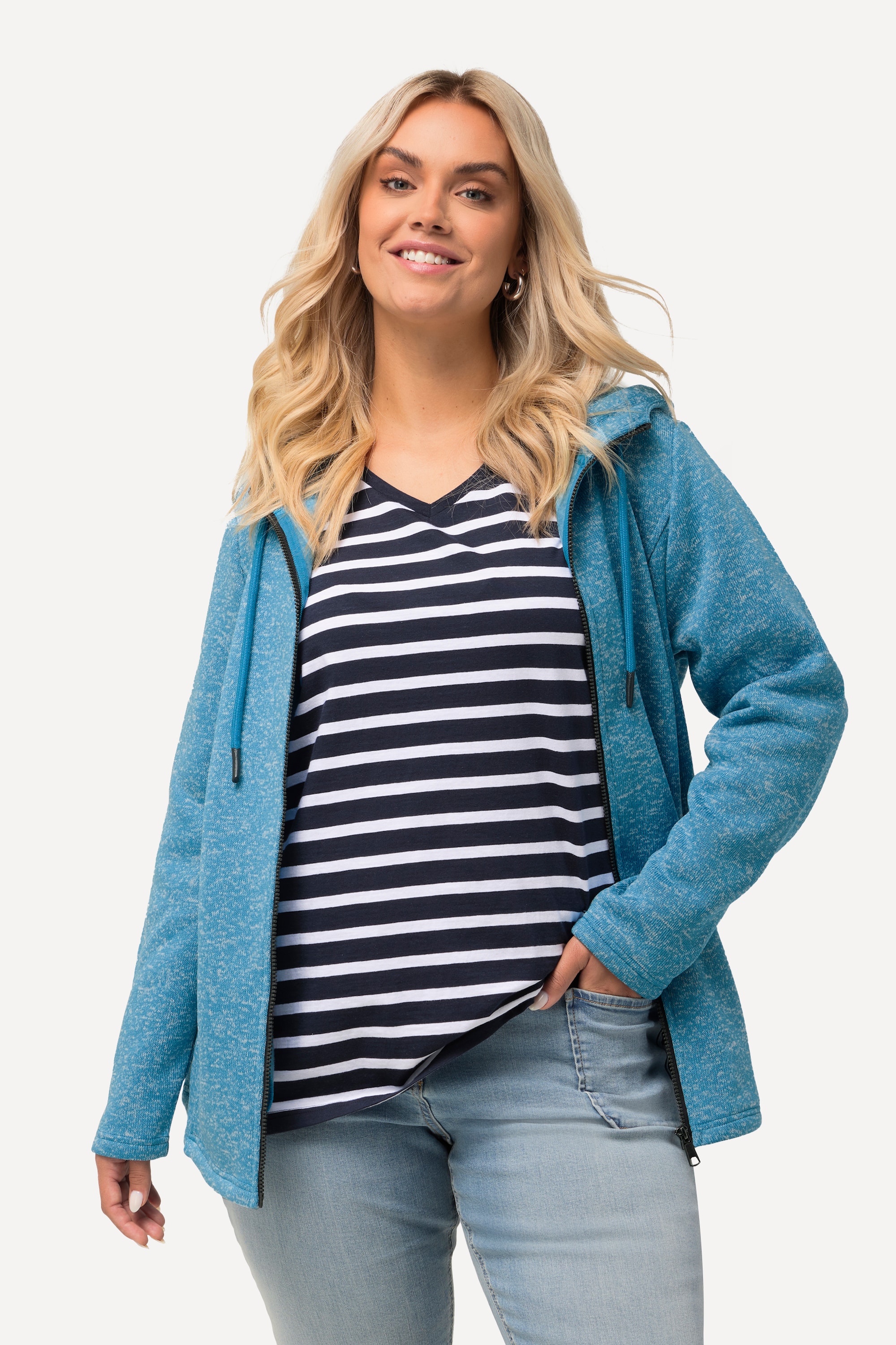 Ulla Popken Damen große Größen Shirt Ringelmix A Linie V Ausschnitt