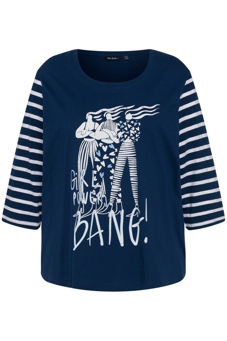 Tričko, motiv ženy, kulatý výstřih, pruhované 3/4 rukávy