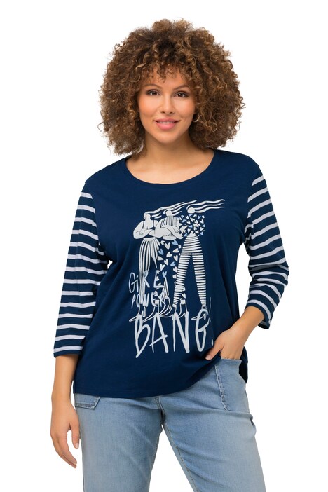 Tričko, motiv ženy, kulatý výstřih, pruhované 3/4 rukávy