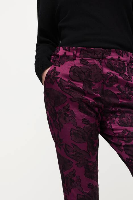 Żakardowe spodnie 7/8, roślinny wzór, wąskie nogawki