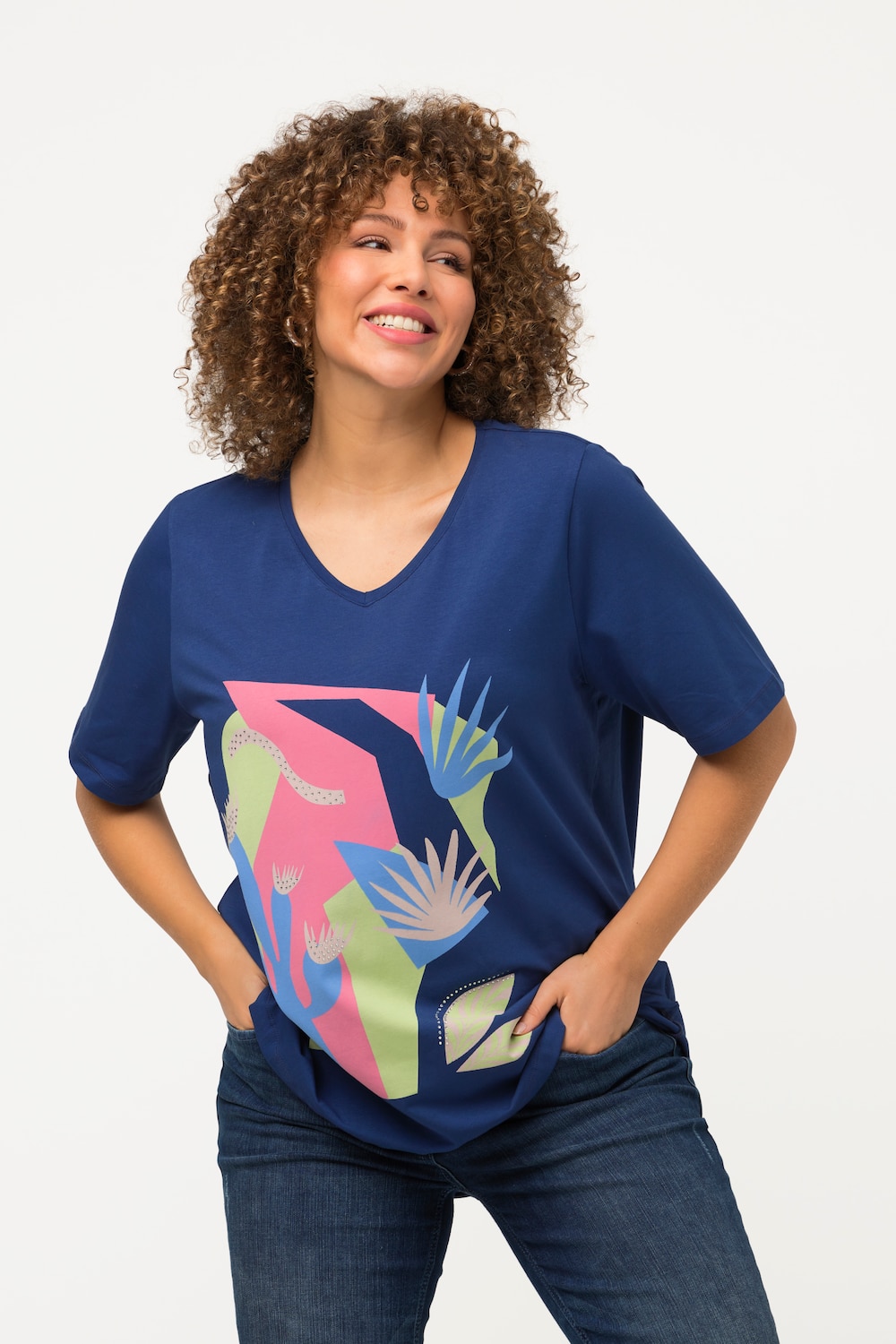 Grote Maten T-shirt, Dames, blauw, Maat: 50/52, Katoen, Ulla Popken