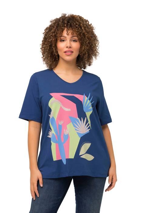 Tričko, lístky, ozdobné nýtky, výstřih do V, krátké rukávy