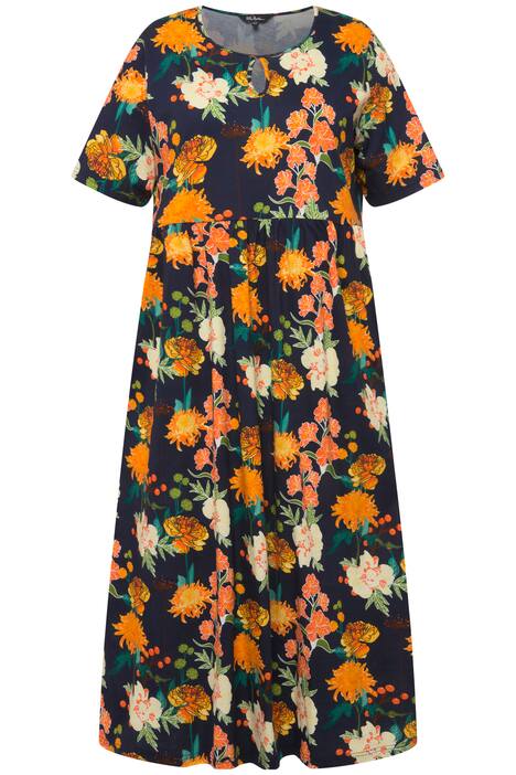 Žerzejové šaty, květovaný vzor, empírový šev, kulatý výstřih, krátké rukávy