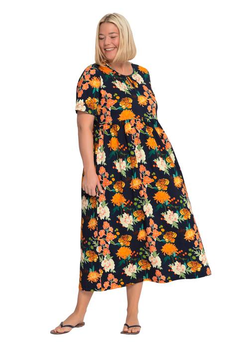 Žerzejové šaty, květovaný vzor, empírový šev, kulatý výstřih, krátké rukávy