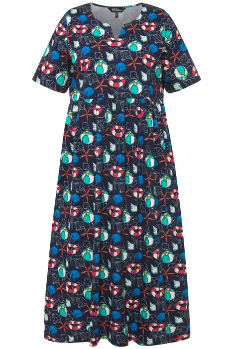 Žerzejové šaty, námořnický porisk, empírový šev, kapsy, tunikový výstřih, krátké rukávy