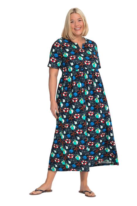 Žerzejové šaty, námořnický porisk, empírový šev, kapsy, tunikový výstřih, krátké rukávy