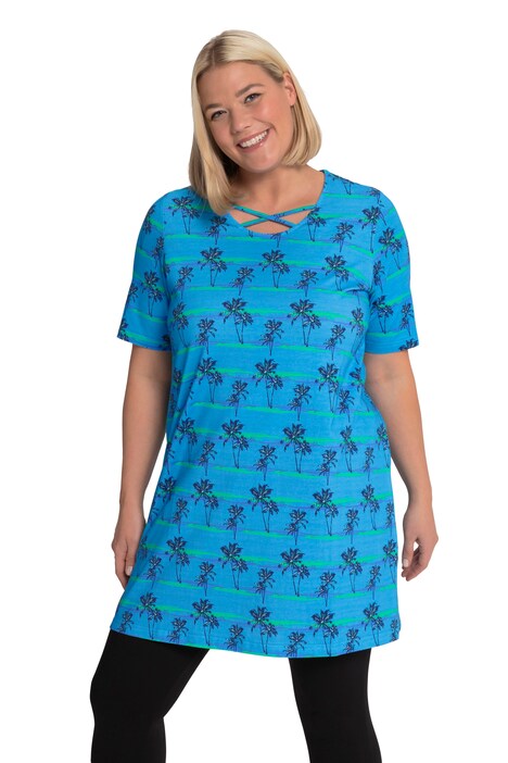 Dlouhé tričko, palmový potisk, kulatý výstřih s ozdobnými stuhami, krátké rukávy