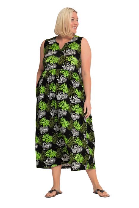 Žerzejové šaty, lístkový potisk, kapsy, tunikový výstřih, bez rukávů