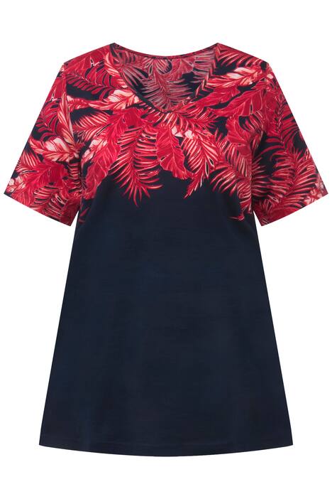 Dlouhé tričko, lístkový potisk na poprsí, výstřih do V, krátké rukávy