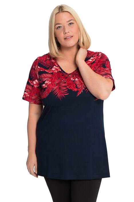 Dlouhé tričko, lístkový potisk na poprsí, výstřih do V, krátké rukávy